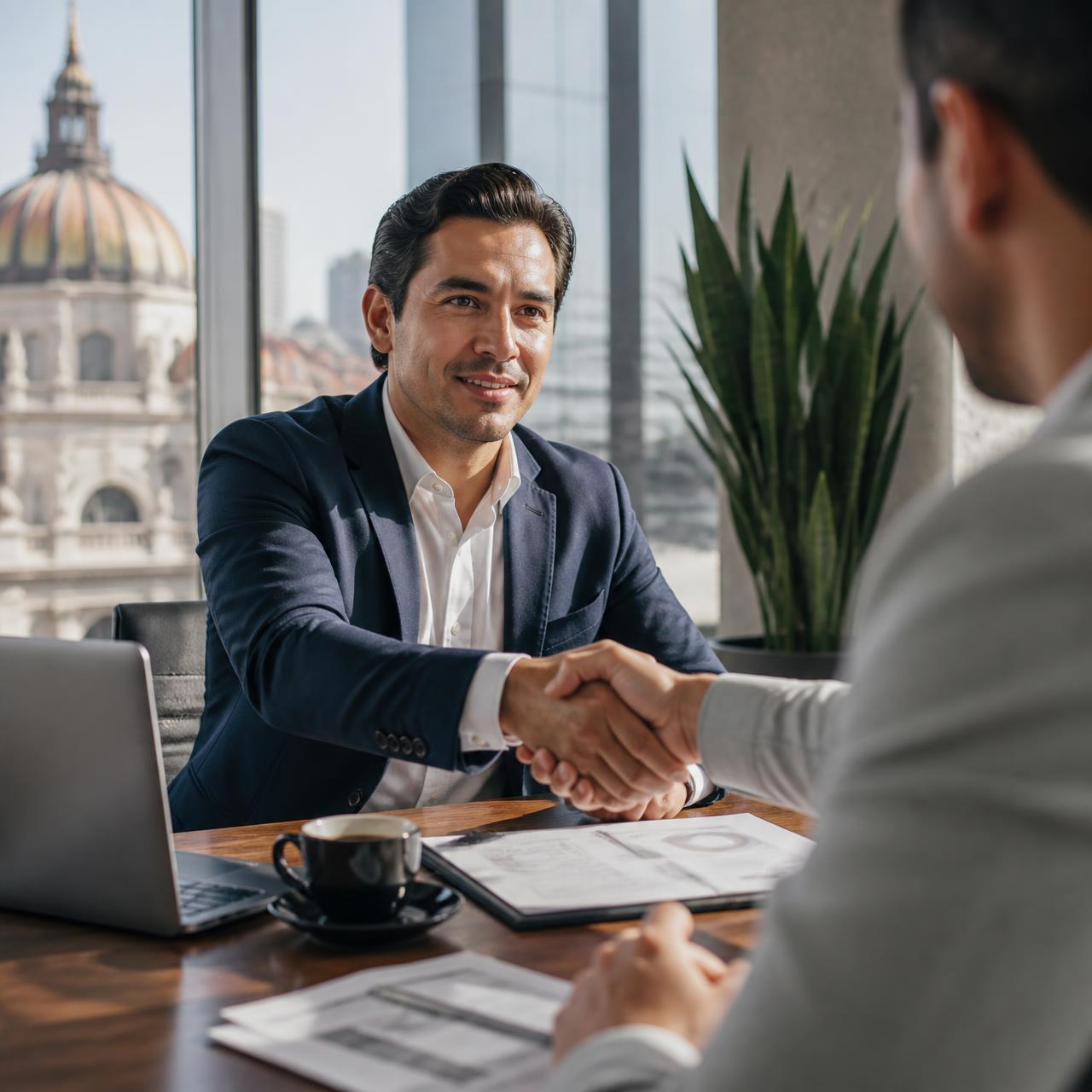 Broker financiero reunido con empresario en una sala de juntas en México